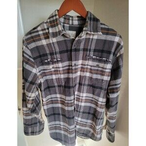 Jachs Plaid Flannel Shirt Medium Gray White Orange Button Front Distressed Trim